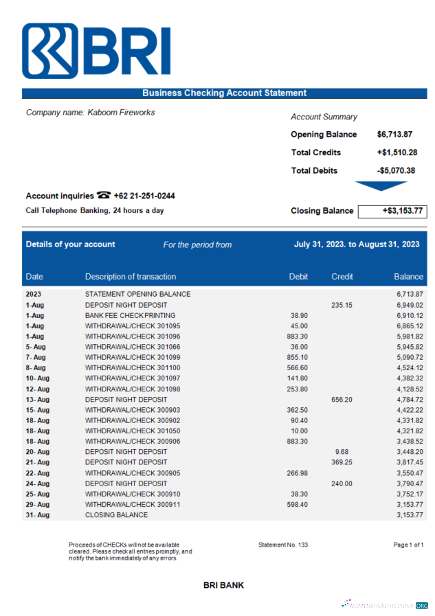 Download Bank BRI business bank statement Word and PDF template Photoshop template